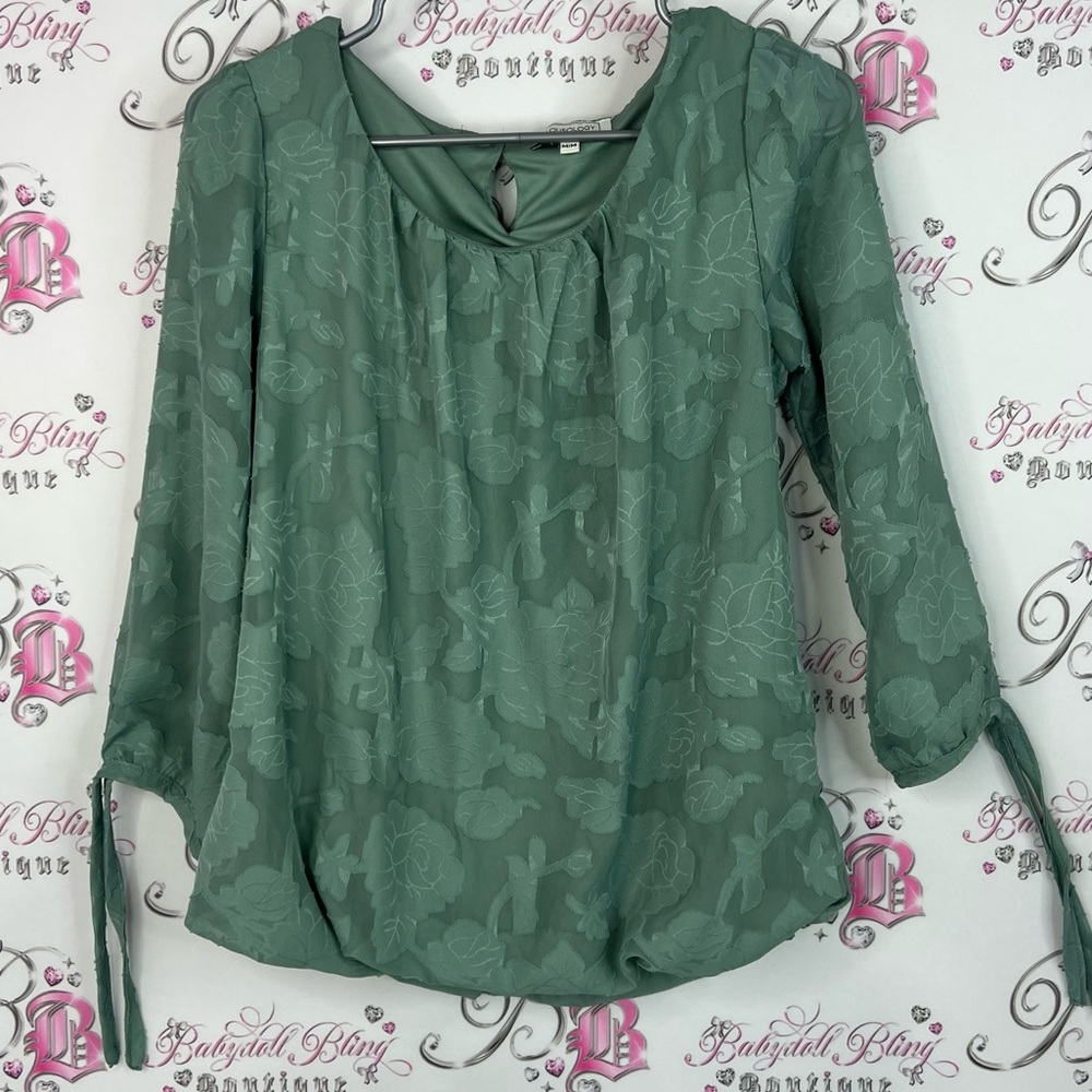 Blousology long sleeve 3D print floral ribbon ties Green Floral Women's Top